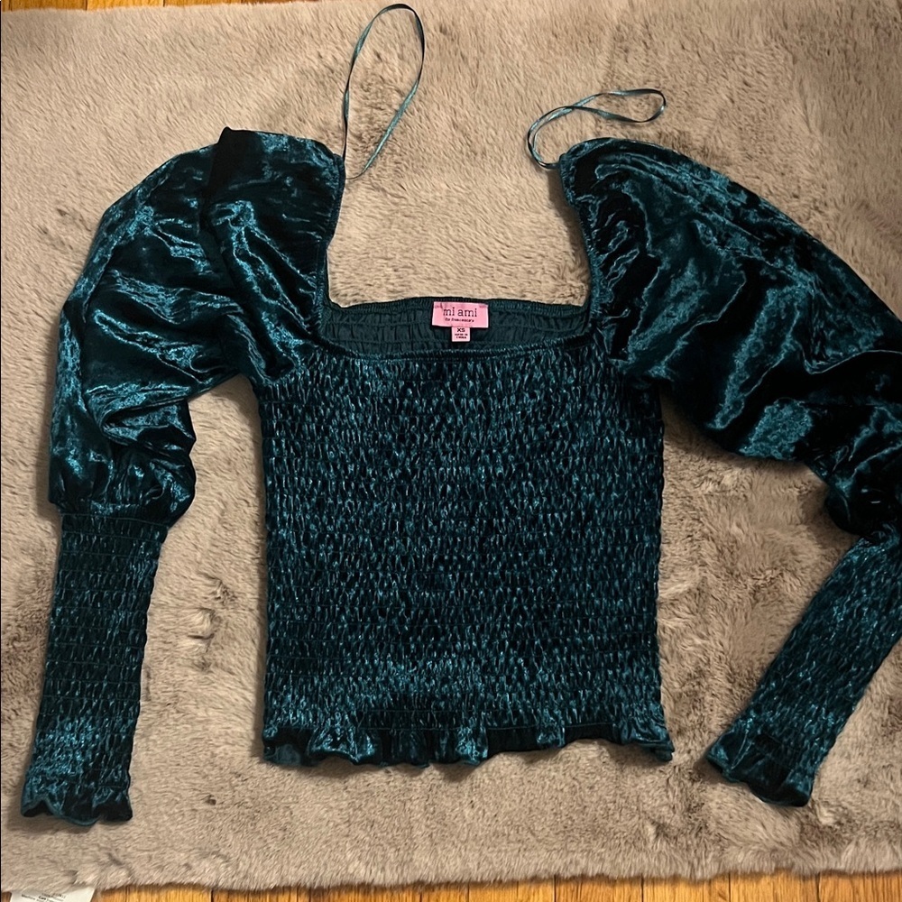 Miami Teal Velvet Puff Sleeve Blouse